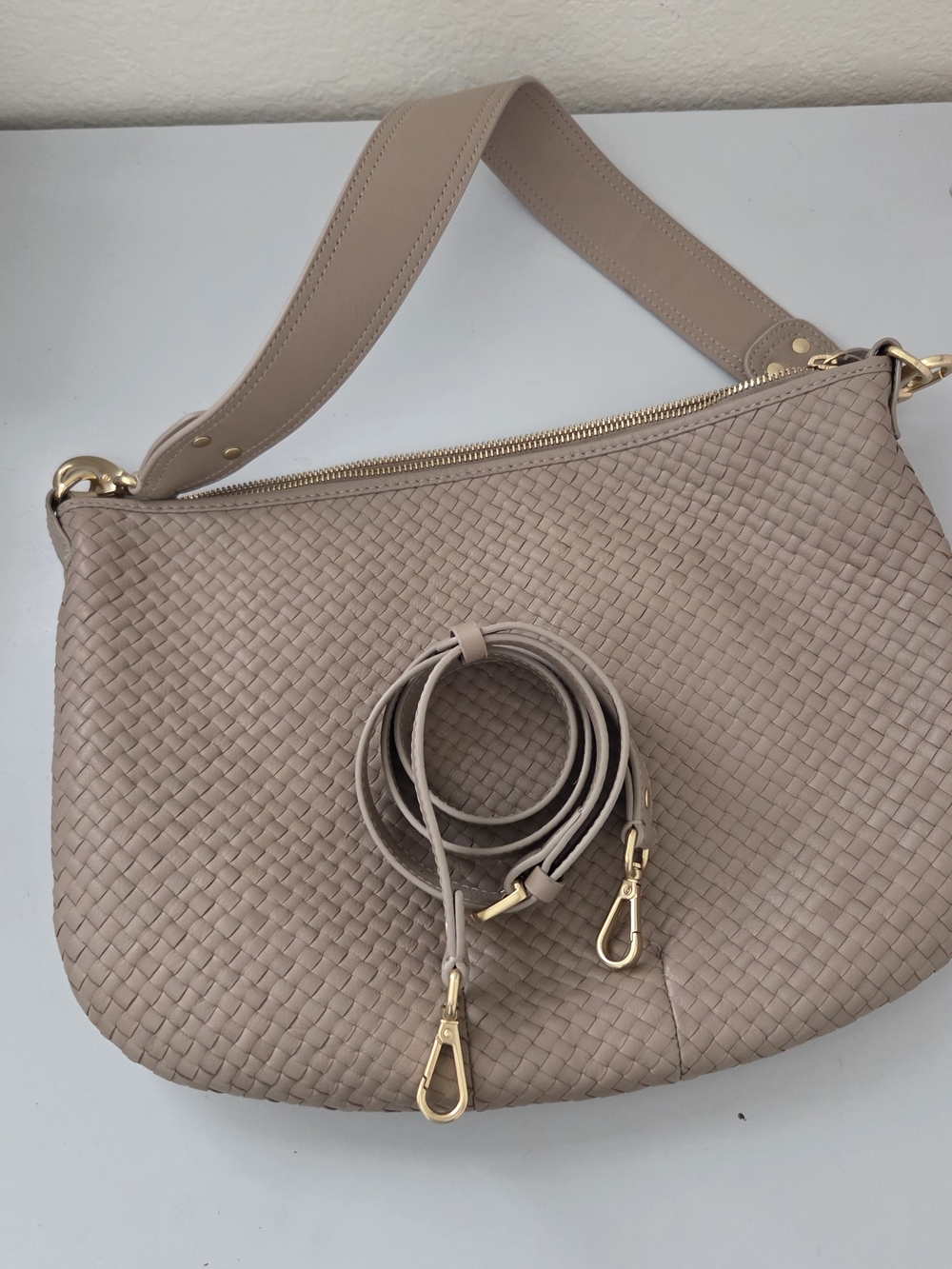 Quince Italian Leather Convertible Crescent Handwoven Shoulder Bag In Taupe